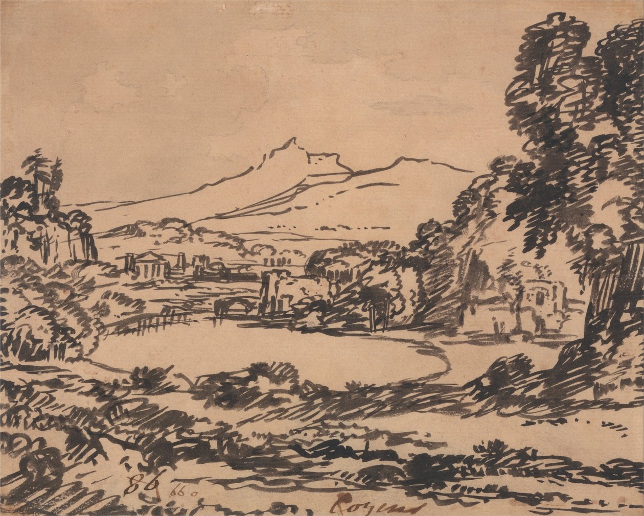 Landskap med en innsjø og fjerntliggende fjell av Alexander Cozens