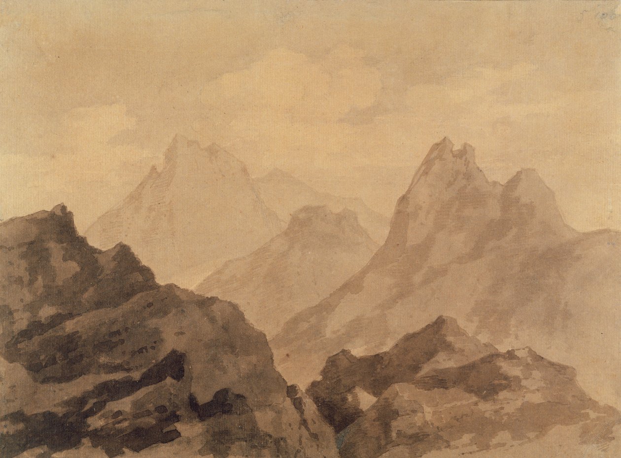 Mountain Tops (A Mountain Study), ca. 1780 (grafitt med brun og grå vask på papir) av Alexander Cozens
