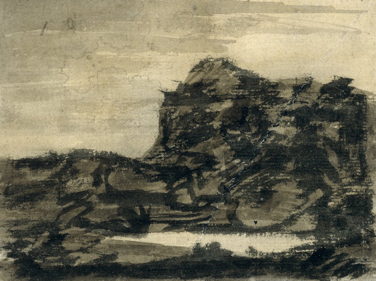 The Lake at the Foot of the Crag (blyant med svarte, grå og brune vasker på papir) av Alexander Cozens