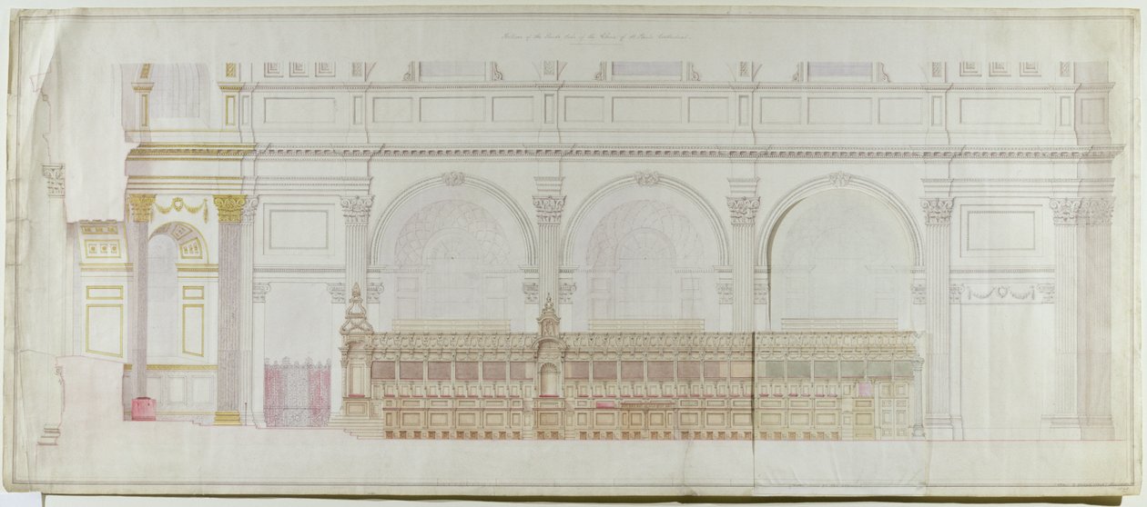Forhøyning av koret i St. Pauls Cathedral som pusset opp av C.R. Cockerell (1788-1863) 1848 (blyant og wc på papir) av Alexander Dick Gough