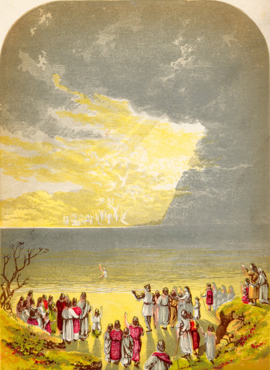 Christian Crossing the River, fra The Pilgrims Progress av John Bunyan, utgitt ca. 1880 av Alexander Francis Lydon