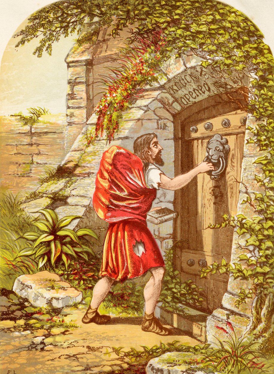 Christian at the Gate, fra The Pilgrims Progress av John Bunyan publisert, ca. 1880 av Alexander Francis Lydon