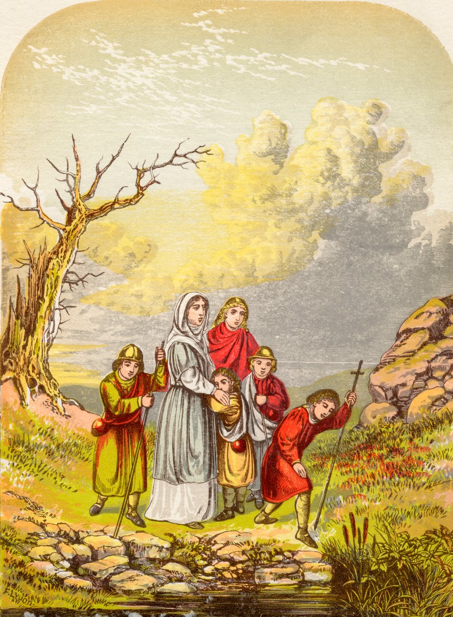 Christiana og barna hennes ankommer Slough of Despond, fra The Pilgrims Progress av John Bunyan, utgitt ca. 1880 av Alexander Francis Lydon