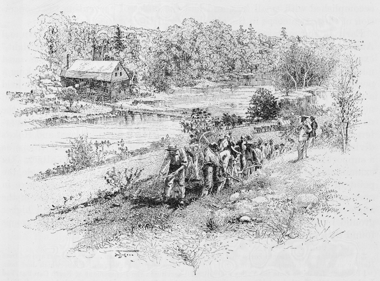 Jericho Mills: Unions ingeniørkorps på jobb, gravert av Harry Fenn (183845-1911) fra et fotografi, illustrasjon fra 