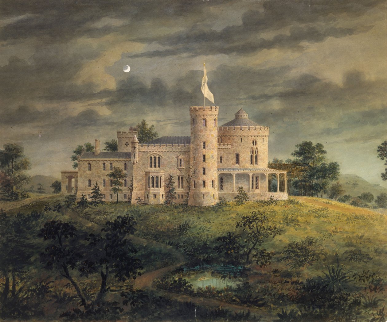 Ericstan, Tarrytown, 1855 (wc, blekk og grafitt på papir) av Alexander Jackson Davis