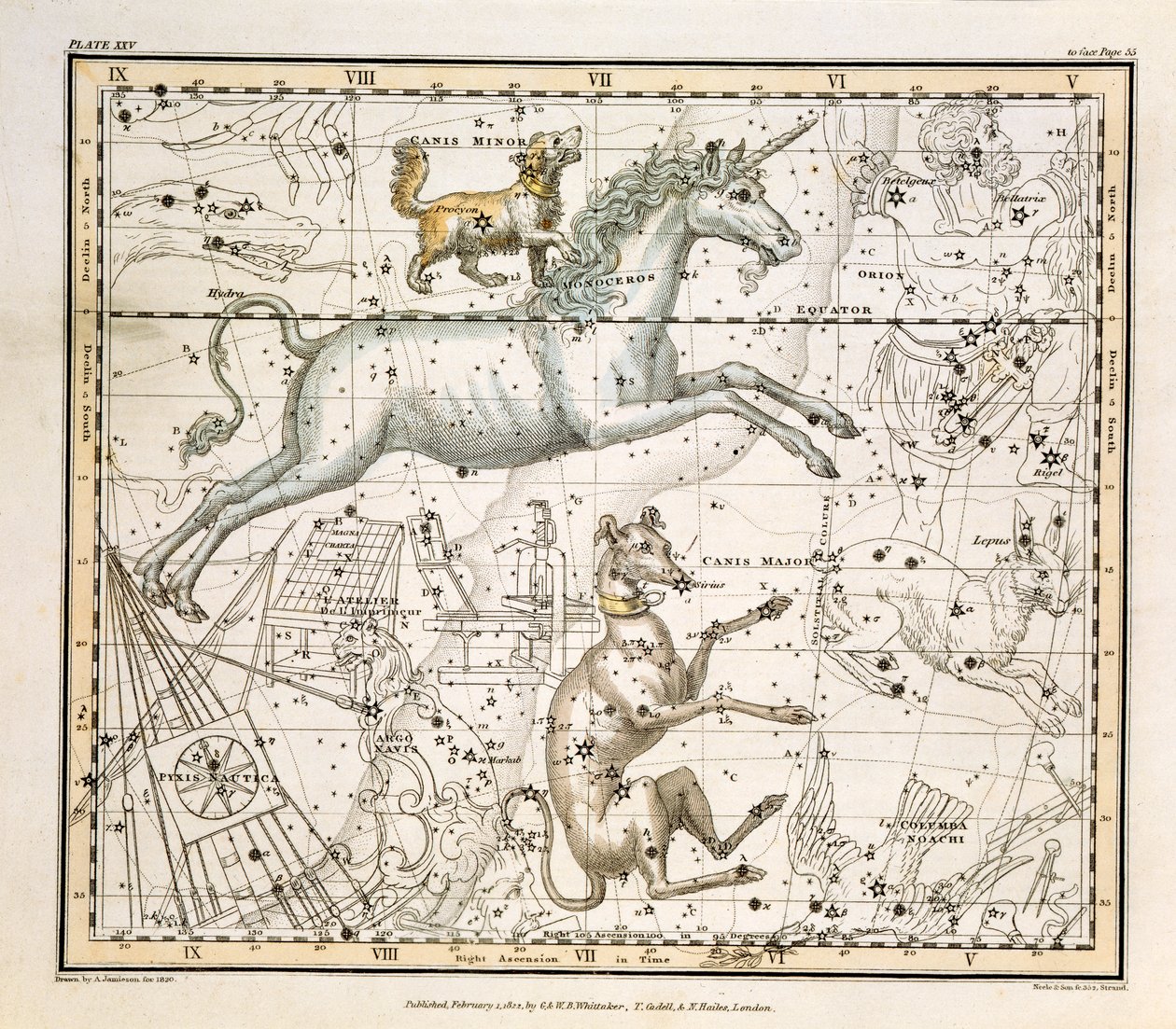 Monoceros, fra 'A Celestial Atlas', pub. i 1822 av Alexander Jamieson