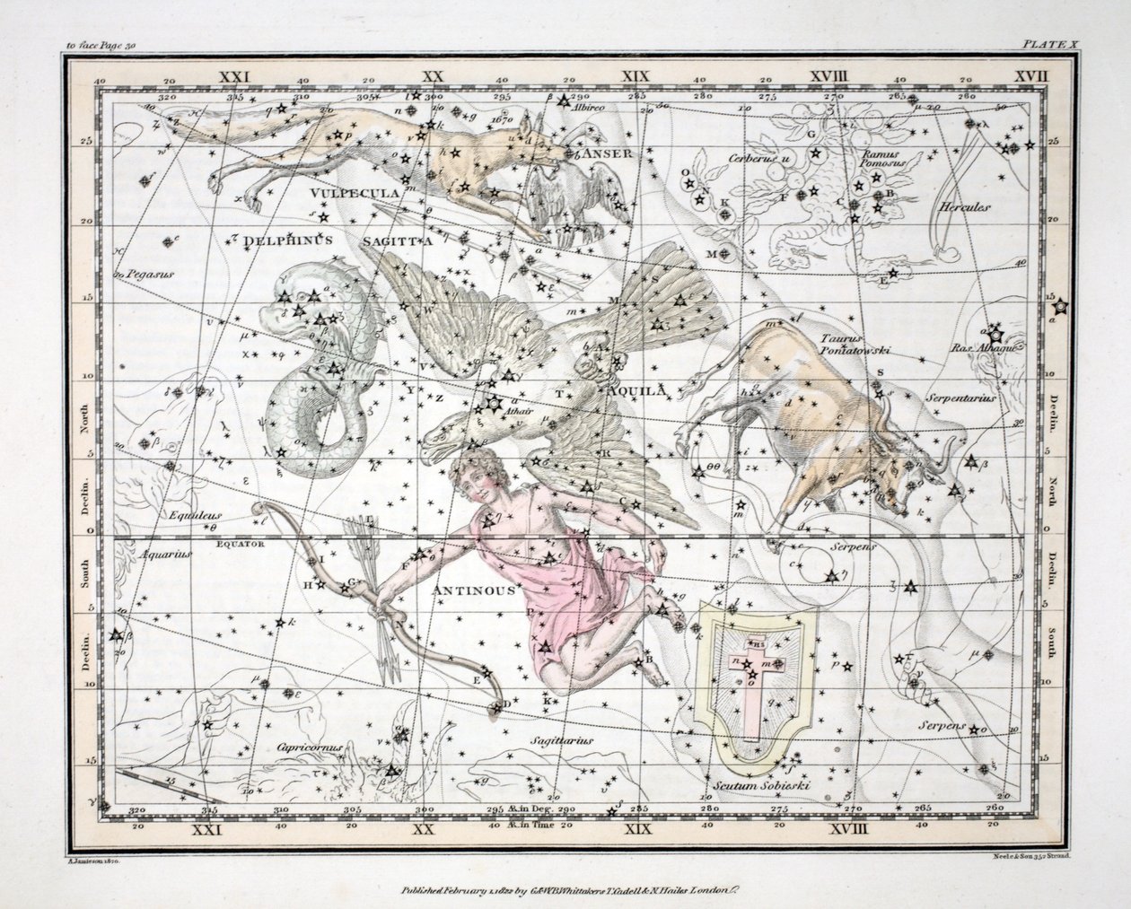 The Constellations (Plate X) Aquila et Antinous, Scutum Sobieski, Taurus Poniatowski, Sagitta, Valpecula et Anser og Delphinus, fra "A Celestial Atlas" av Alexander Jamieson, pub. London 1822 (hånd av Alexander Jamieson
