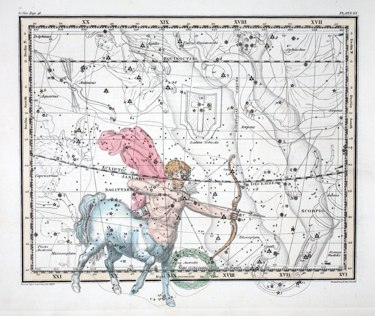 The Constellations (Plate XX) Sagittarius, fra "A Celestial Atlas" av Alexander Jamieson, pub. London 1822 (håndfarget gravering) av Alexander Jamieson