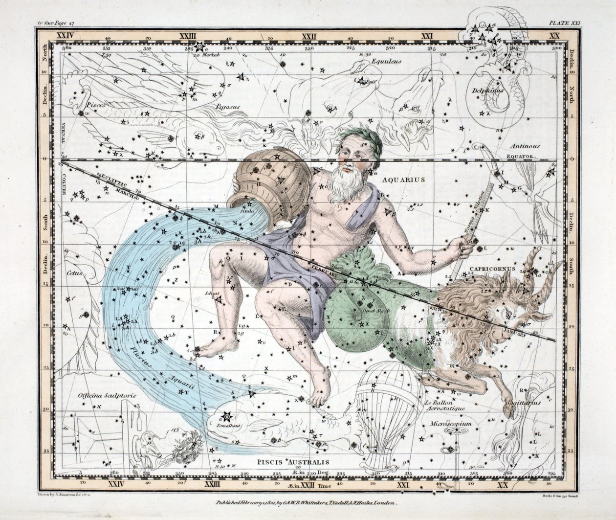 The Constellations (Plate XXI) Capricorn and Aquarius, fra "A Celestial Atlas" av Alexander Jamieson, pub. London 1822 (håndfarget gravering) av Alexander Jamieson