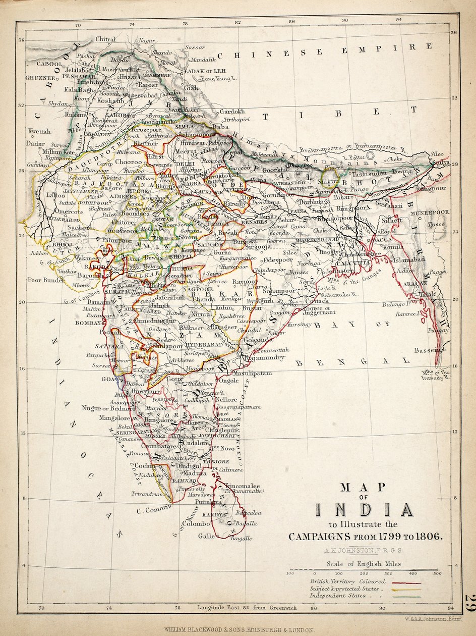 Kart over India, utgitt av William Blackwood and Sons, Edinburgh og London, 1848 (håndfarget gravering) av Alexander Keith Johnston