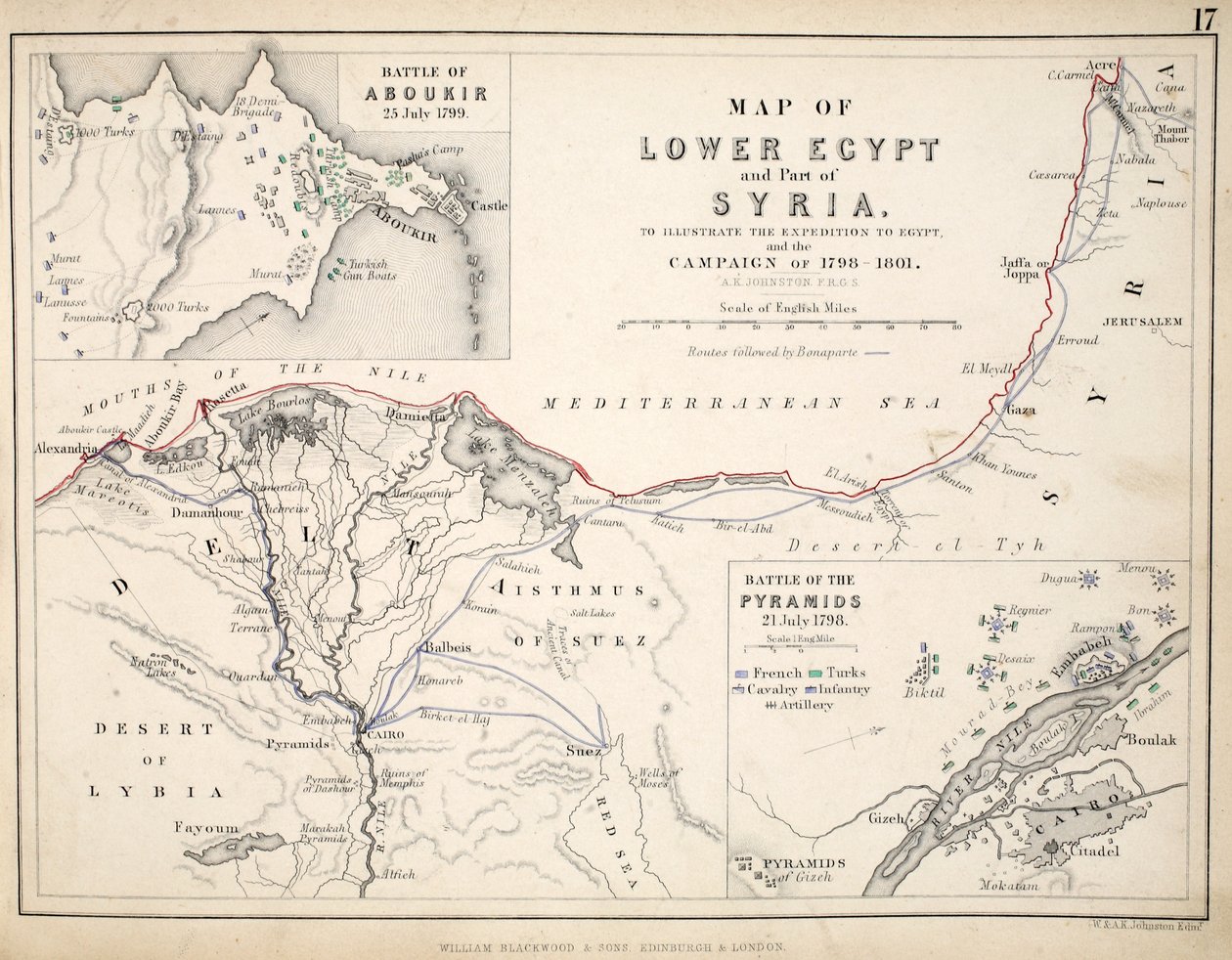 Kart over Nedre Egypt og en del av Syria, utgitt av William Blackwood and Sons, Edinburgh og London, 1848 (håndfarget gravering) av Alexander Keith Johnston