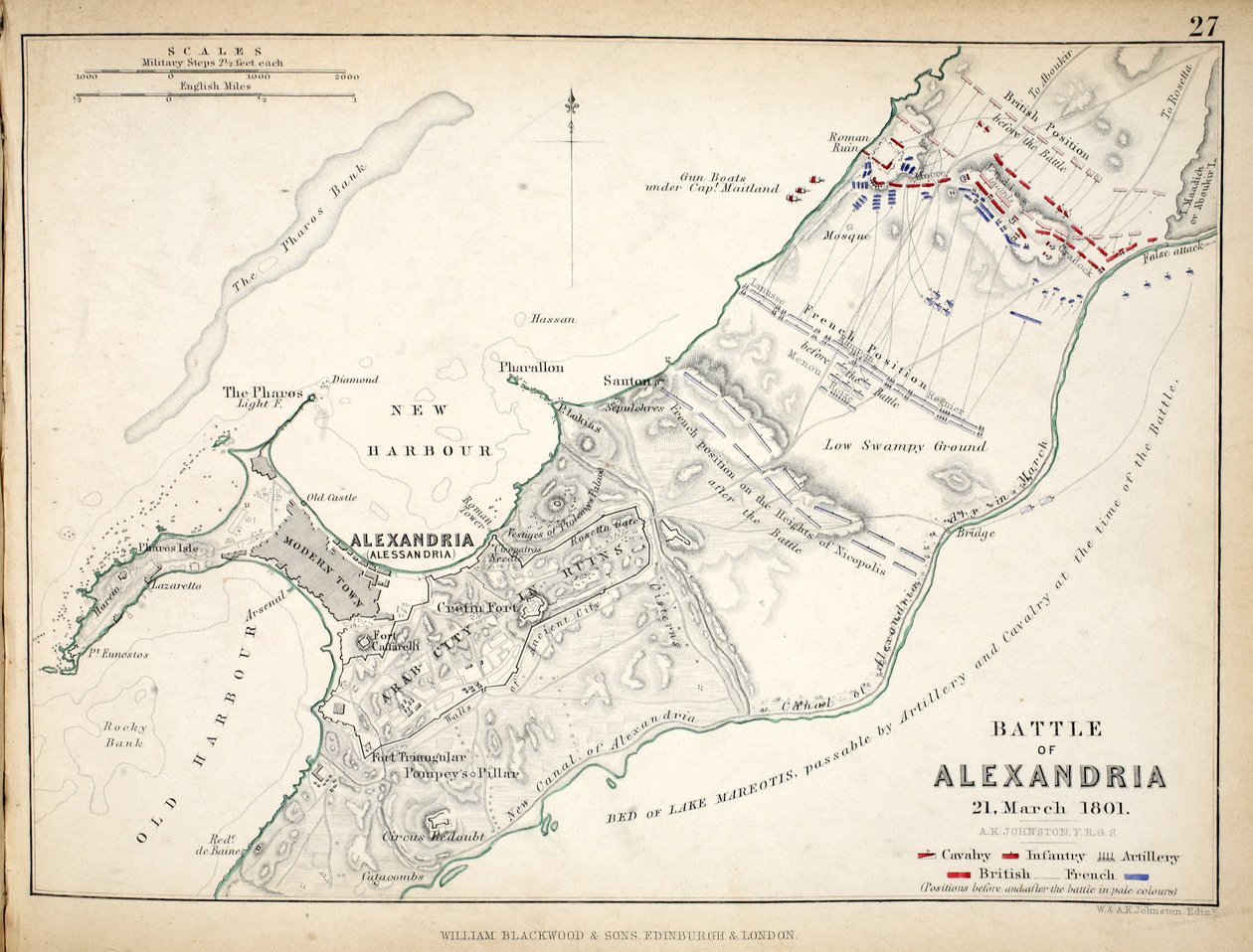 Kart over slaget ved Alexandria, utgitt av William Blackwood and Sons, Edinburgh og London, 1848 (håndfarget gravering) av Alexander Keith Johnston