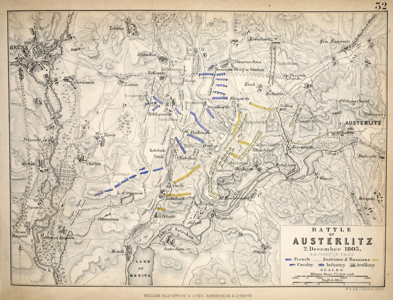 Kart over slaget ved Austerlitz, utgitt av William Blackwood and Sons, Edinburgh og London, 1848 (håndfarget gravering) av Alexander Keith Johnston