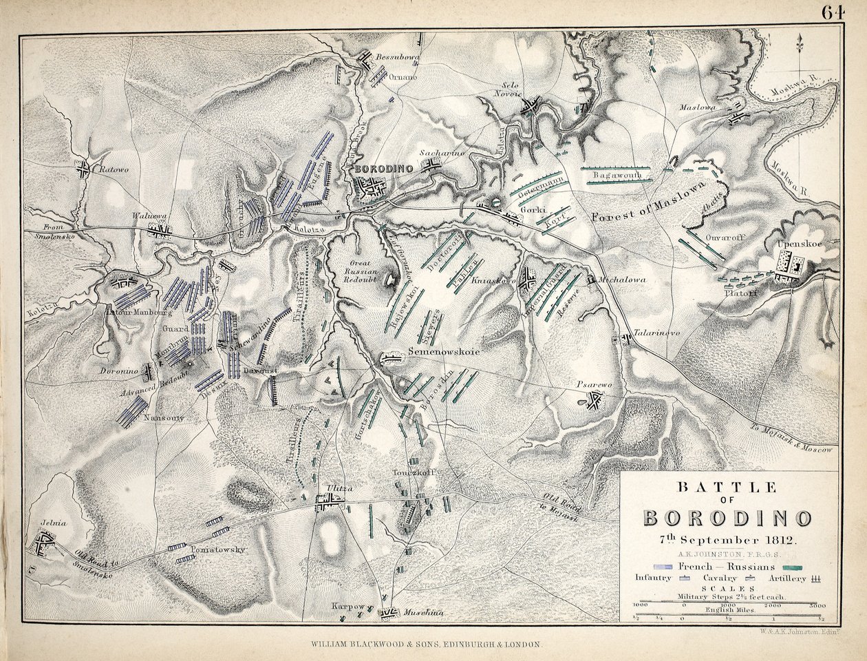 Kart over slaget ved Borodino, utgitt av William Blackwood and Sons, Edinburgh og London, 1848 (håndfarget gravering) av Alexander Keith Johnston