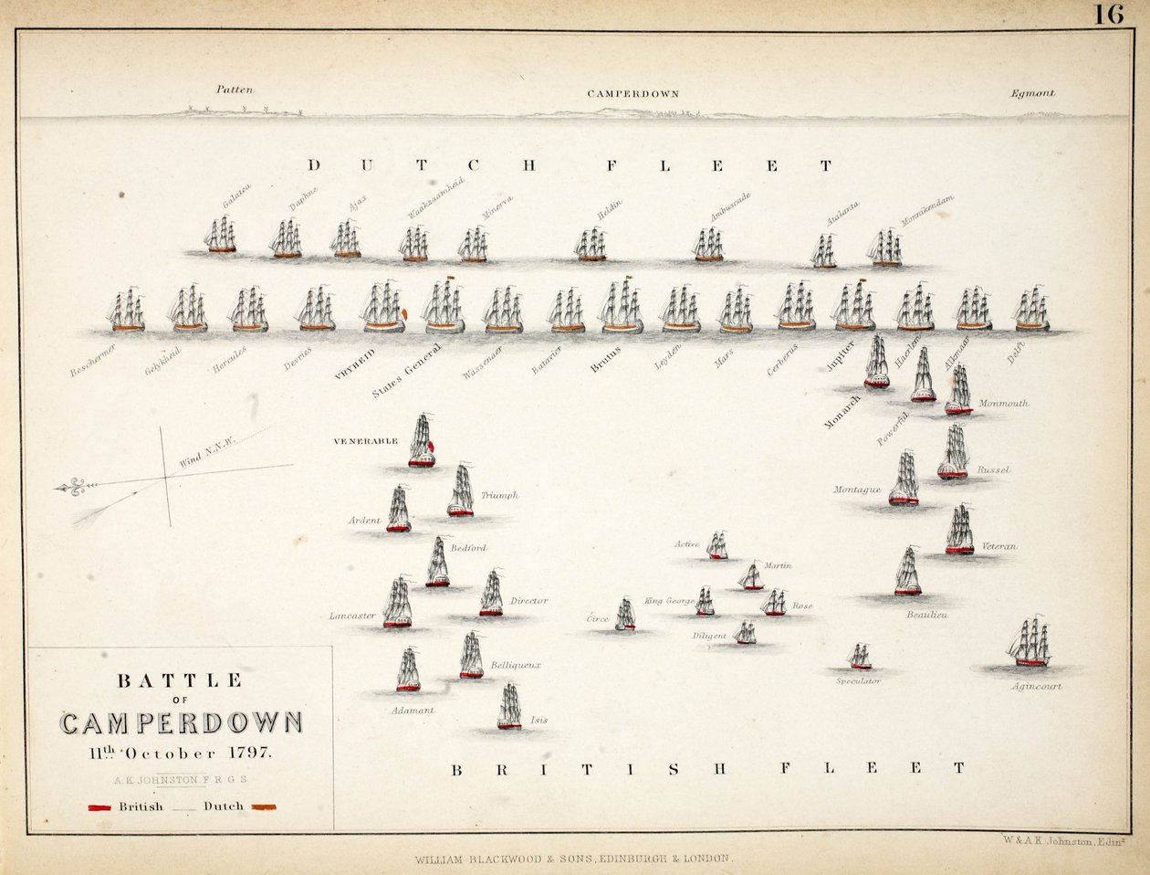 Kart over slaget ved Camperdown, utgitt av William Blackwood and Sons, Edinburgh og London, 1848 (håndfarget gravering) av Alexander Keith Johnston