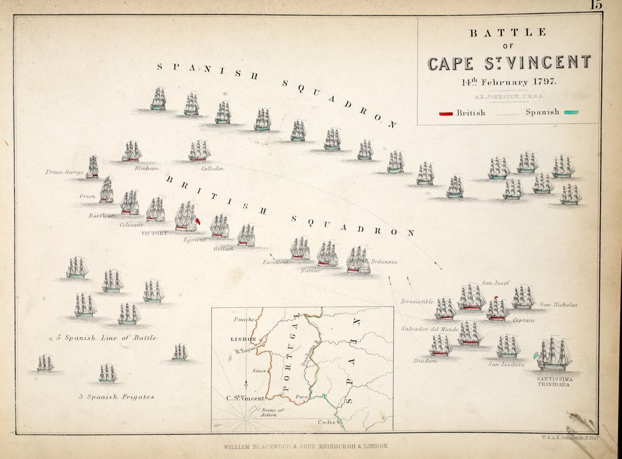 Kart over slaget ved Cape St. Vincent, utgitt av William Blackwood and Sons, Edinburgh og London, 1848 (håndfarget gravering) av Alexander Keith Johnston