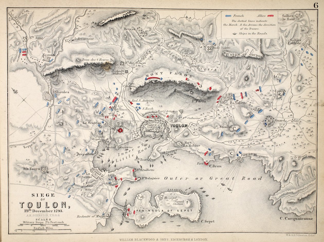 Kart over beleiringen av Toulon, utgitt av William Blackwood and Sons, Edinburgh og London, 1848 (håndfarget gravering) av Alexander Keith Johnston