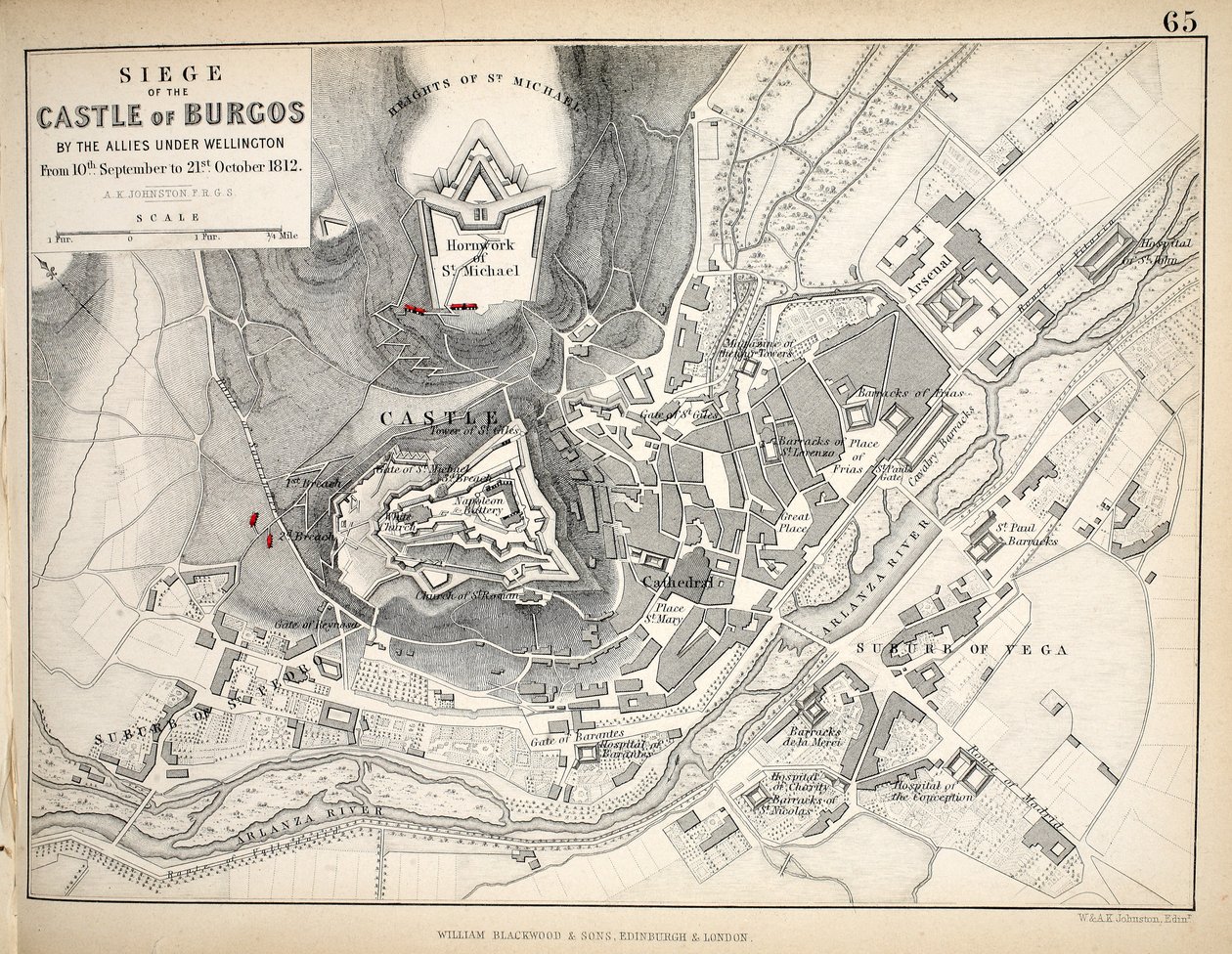 Kart over beleiringen av slottet i Burgos, utgitt av William Blackwood and Sons, Edinburgh og London, 1848 (håndfarget gravering) av Alexander Keith Johnston