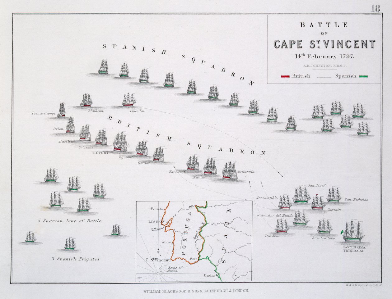 Plan for slaget ved Cape St. Vincent, 14. februar 1797, ca. 1830-tallet av Alexander Keith Johnston