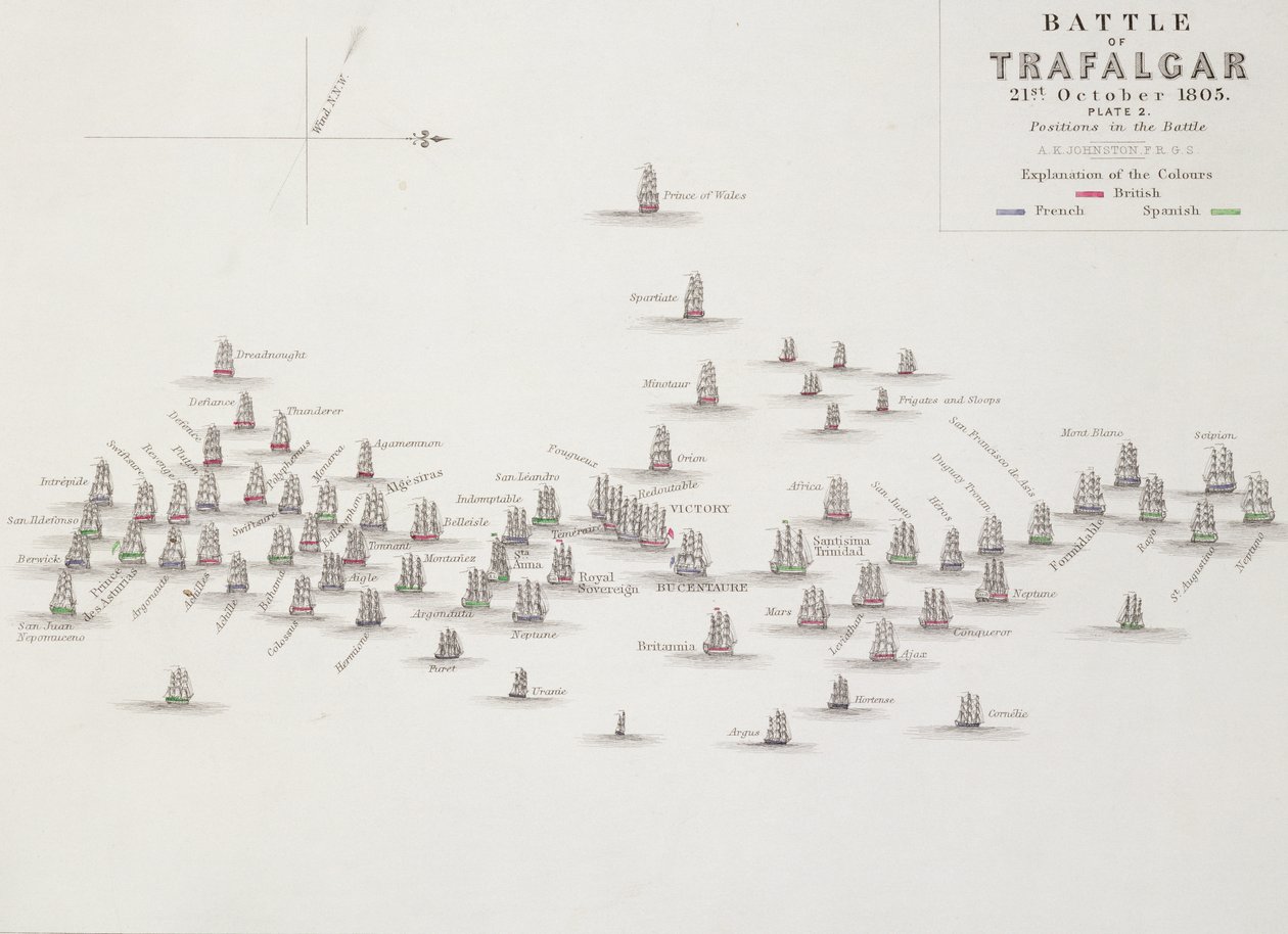Slaget ved Trafalgar, 21. oktober 1805, stillinger i slaget, ca. 1830-tallet av Alexander Keith Johnston