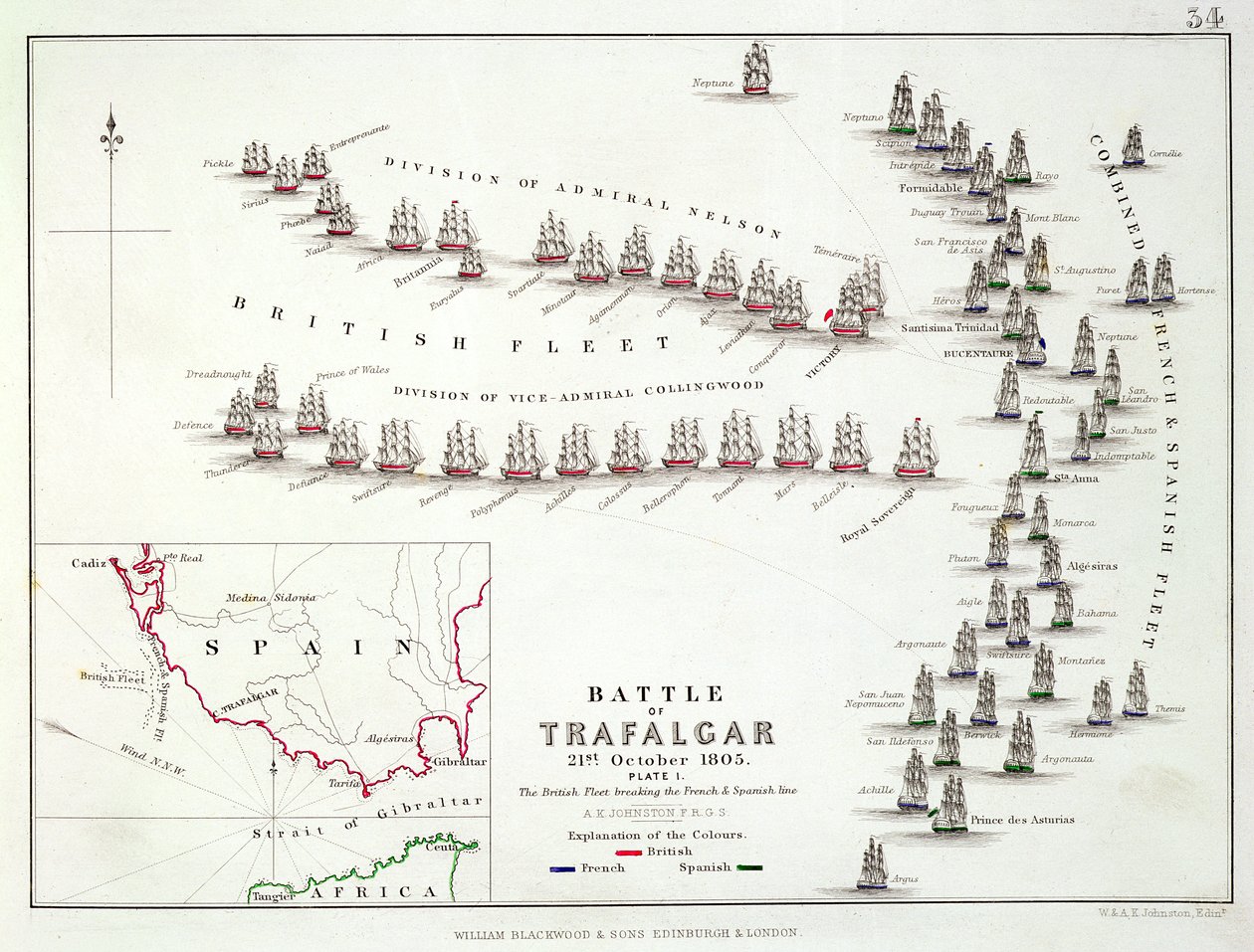 Slaget ved Trafalgar, 21. oktober 1805, britene bryter den franske og spanske linjen, ca. 1830-tallet av Alexander Keith Johnston