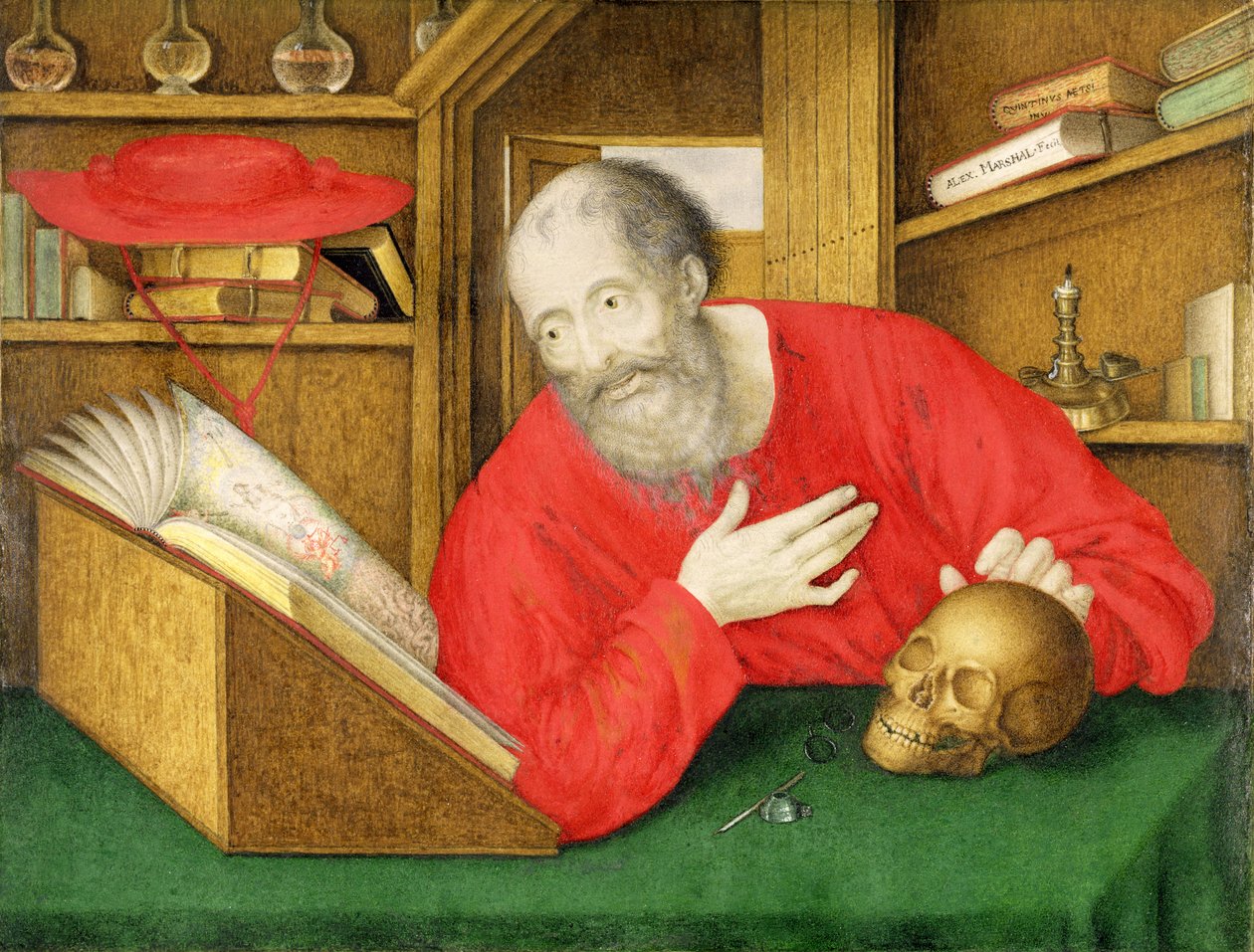 St. Hieronymus i hans studie, 1650 (kroppsfarge og wc på vellum) av Alexander Marshal