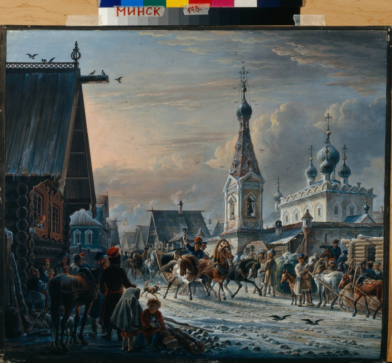 Russiske postsleder (troika) som sirkulerer i en gate om vinteren og hilser på innbyggerne på vei (Gate med postvogner) - Maleri av Alexander Osipovich Orlowski (1777-1832) av Alexander Orlowski