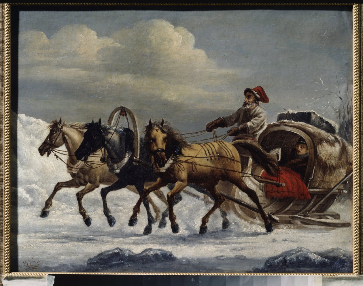 Troika (slede trukket av et spann på tre hester). Maleri av Alexander Osipovich Orlowski (1777-1832), olje på metall av Alexander Orlowski