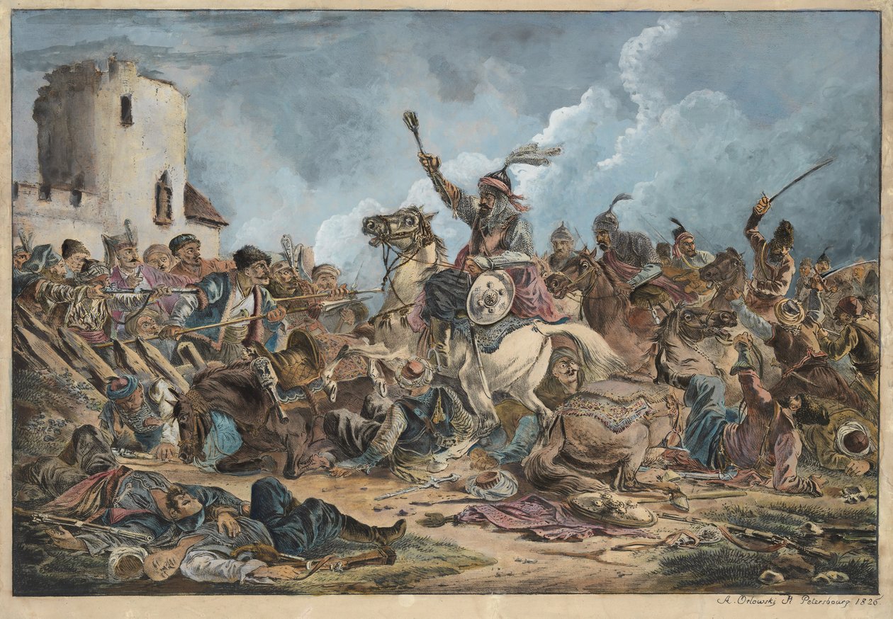 Bataille entre les Georgiens et les tribus de montagne - Kampen mellom georgierne og fjellstammene - Orlowski (Orlovsky), Alexander Osipovich (1777-1832) - 1826 - Litografi, akvarell - 54x77 - Privat samling av Alexander Orlowski