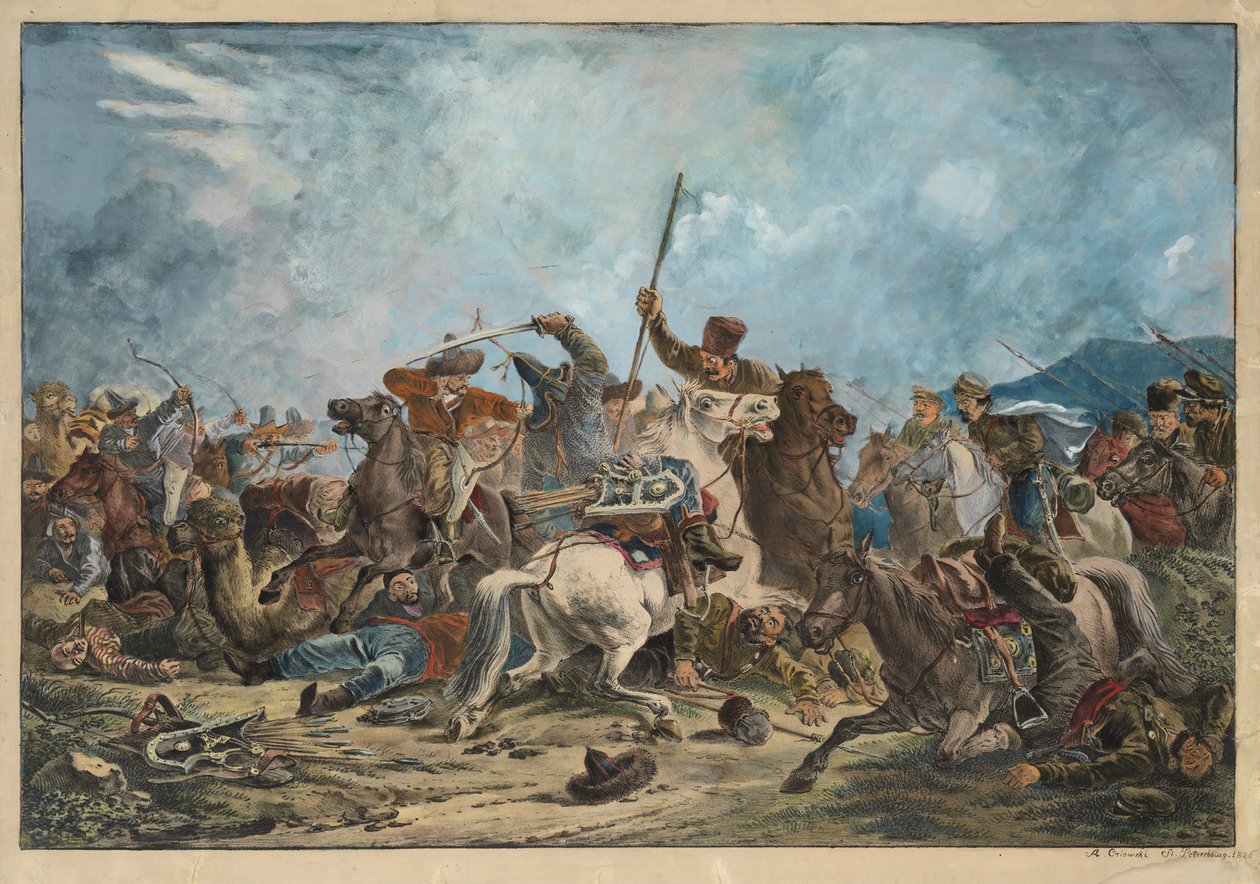 Kirgisere (Kirghiz) og kosakker - Kamp mellom kirgiserne og kosakkene - Orlowski (Orlovsky), Alexander Osipovich (1777-1832) - 1826 - Litografi, akvarell - 54x77 - Privat samling av Alexander Orlowski