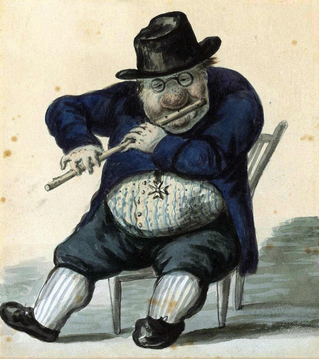 Karikaturisk portrett av arkitekten Giacomo Quarenghi (1744-1817). (Karikaturportrett av arkitekten G. Quarenghi). Hovedarkitekten i St. Petersburg, han er representert med sin kikkert, sittende, spiller på fløyte, med en æresmedalje av Alexander Orlowski