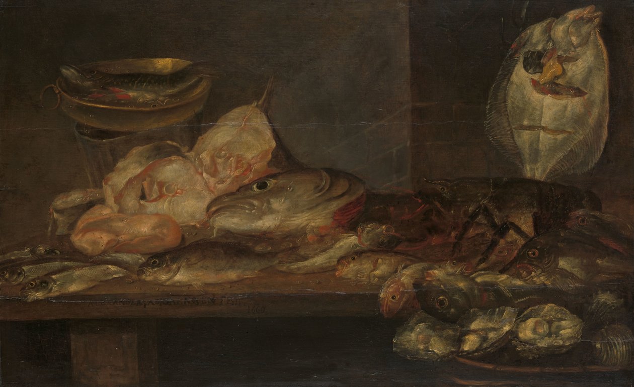 Stilleben med fisk og en hummer og østers på et bord i nærheten av Alexander Adriaenssen
