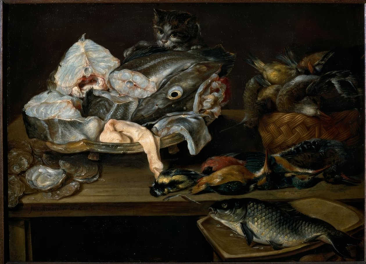 Stilleben med fisk, sjømat, fjærfe og katt av Alexander van Adriaenssen