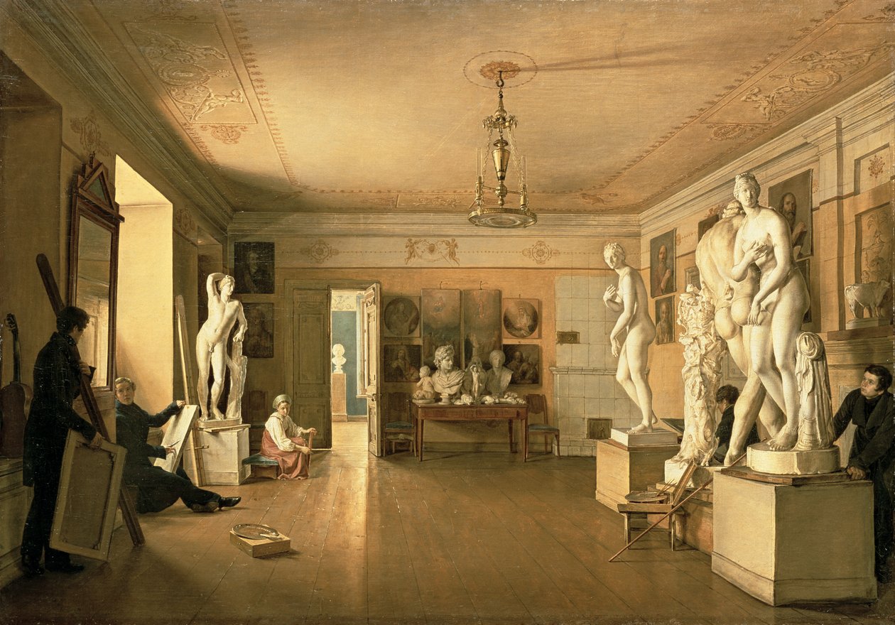 Atelier av kunstneren Alexey Venetsianov (1780-1847) 1827 av Alexander Alexeyevich Alexeyev