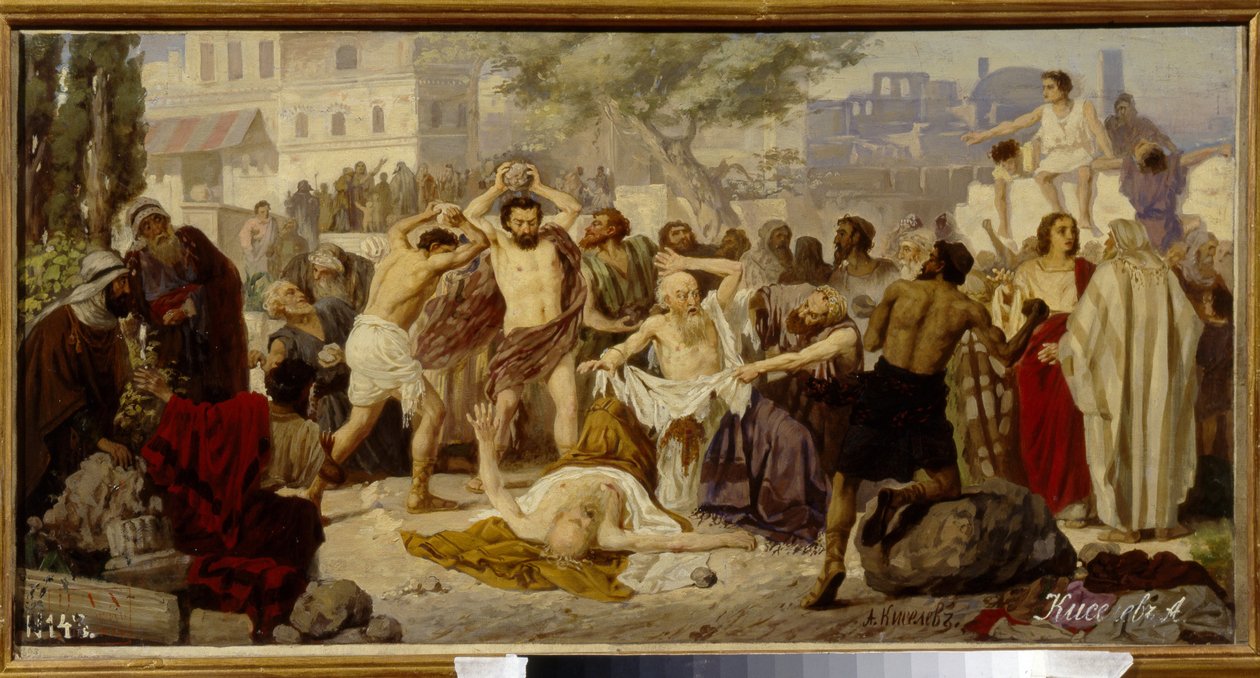 The Stoning Of The Judges - Maleri av Alexander Alexeyevich Kiselev (1855-etter 1918), olje på lerret av Alexander Alexeyevich Kiselev