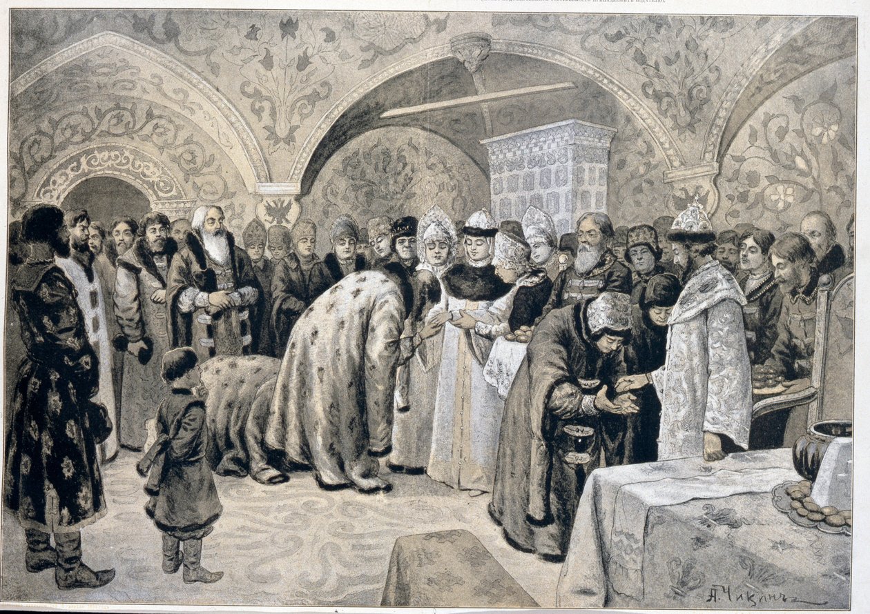 Mottakelsen av tsarinaen etter påskematineene. Verk av Alexander Andreyevich Chikin (1865-1924), litografi. russisk kunst av Alexander Andreyevich Chikin