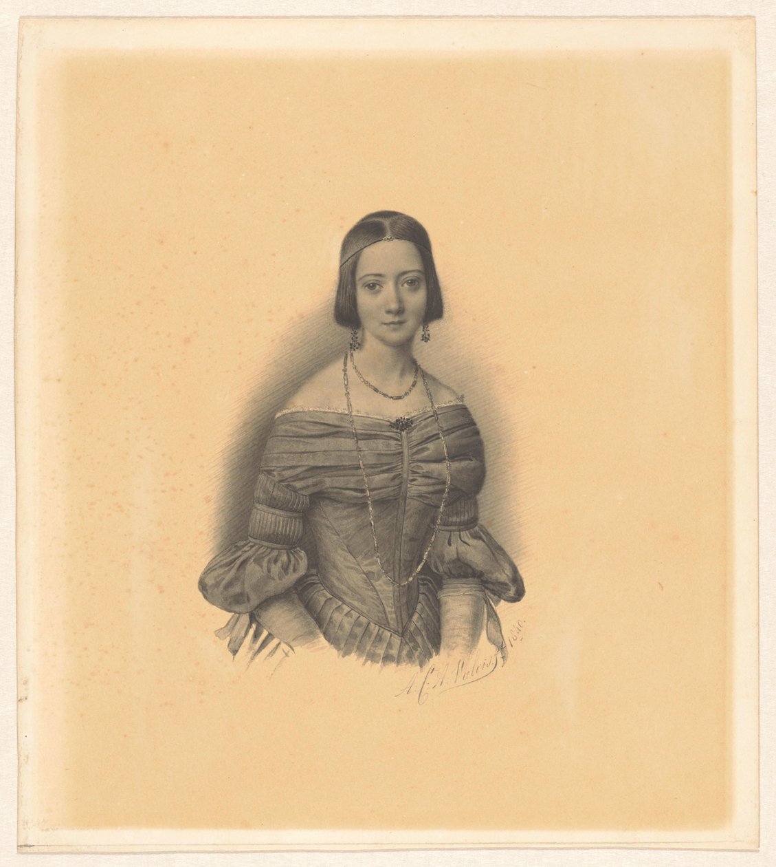 Portrett av Antoinette Marie Henriette Jeanne Reigersman, kone til Jonkheer Mr Pieter van den Brandeler av Alexander Cesar August Valois (signed by artist)