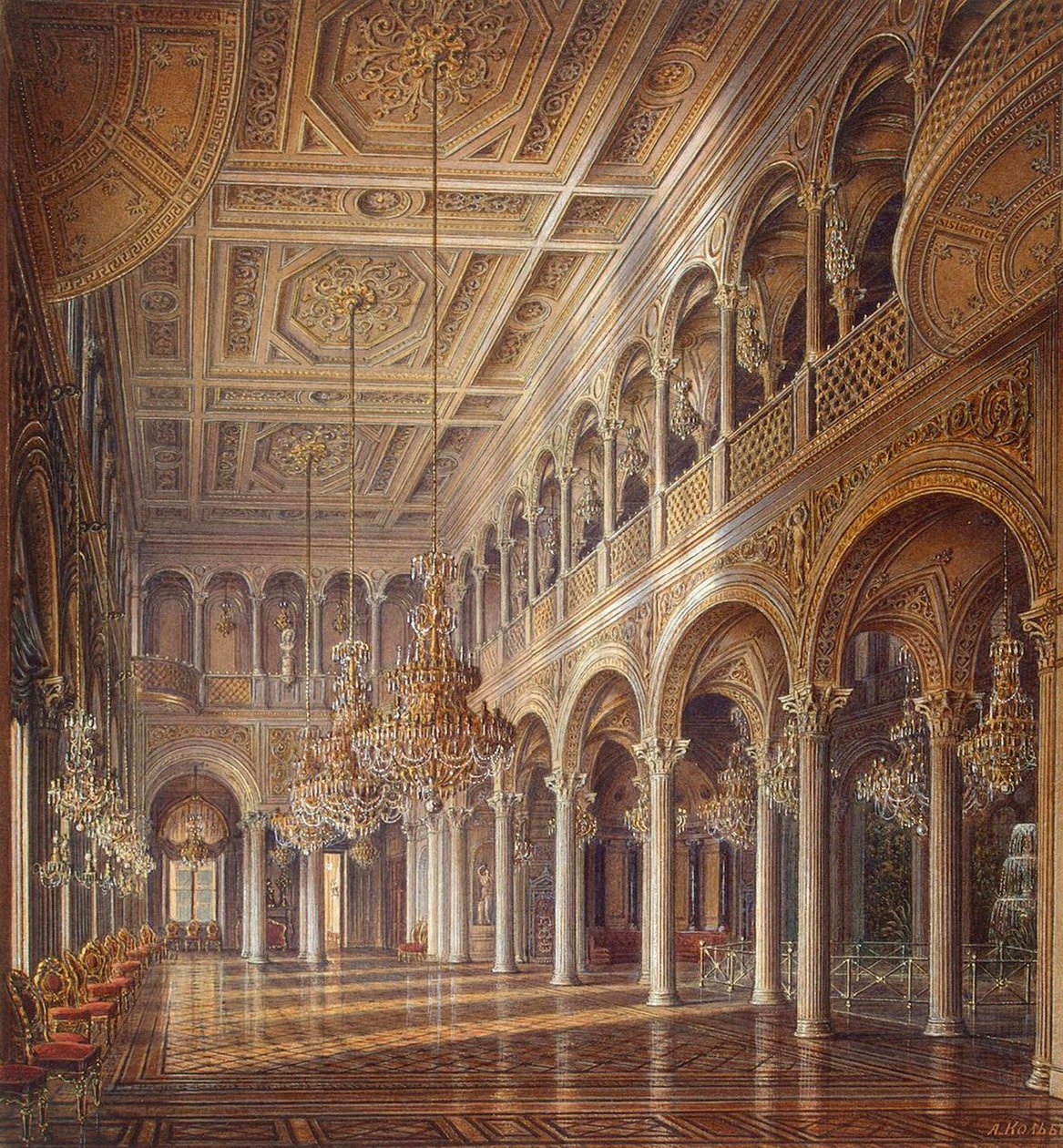 Interiør av den lille eremitasjen, Paviljonghallen, midten av 1800-tallet. av Alexander Chrisophorovich Kolb