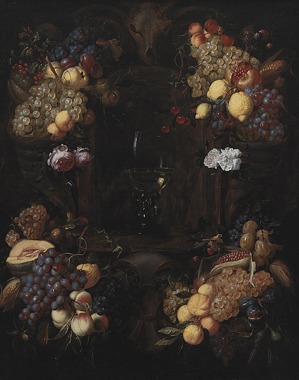 Cartouche med kranser av frukt og et vinglass av Alexander Coosemans