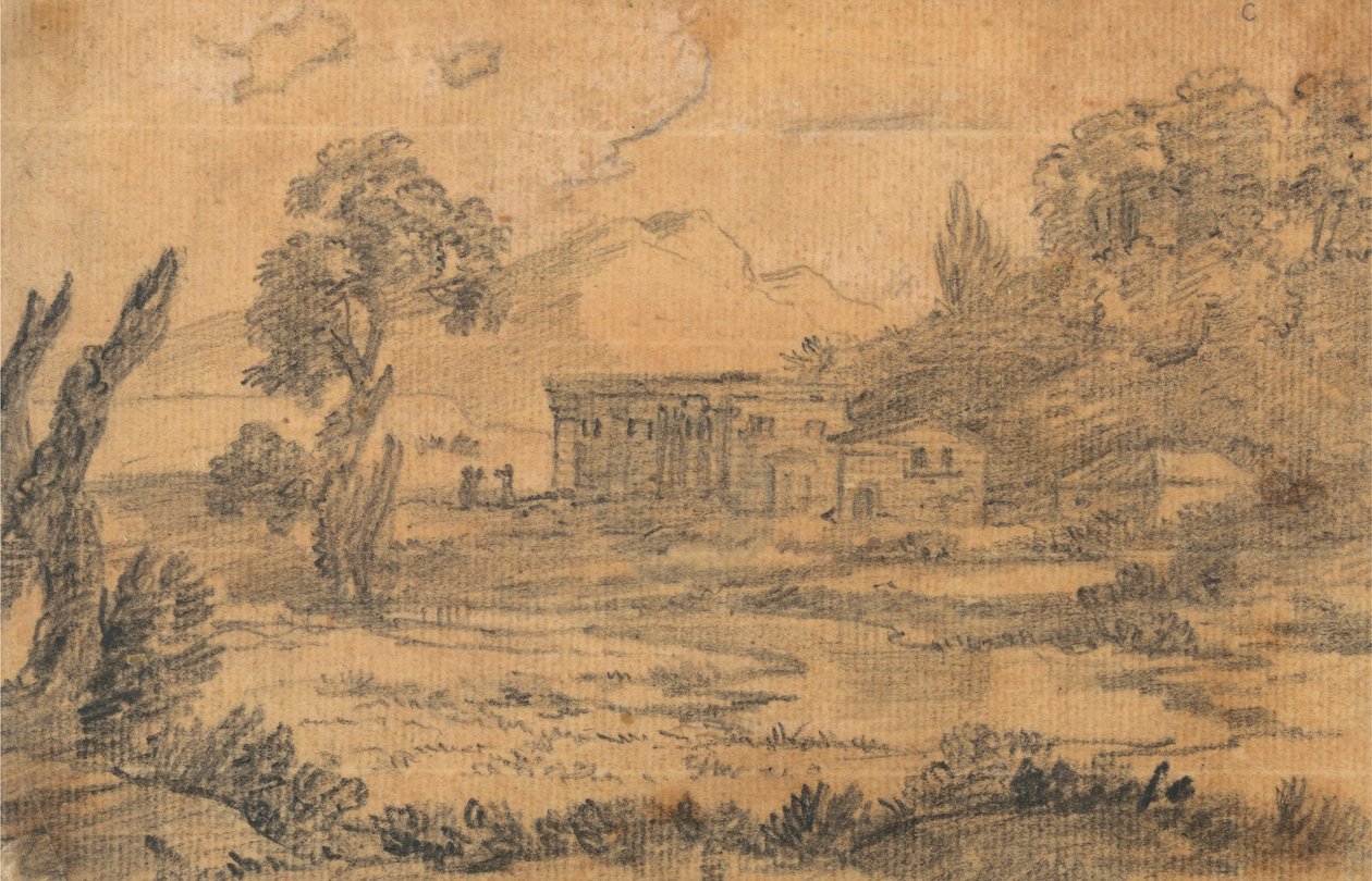 Bygninger ved en elv med åser i bakgrunnen av Alexander Cozens