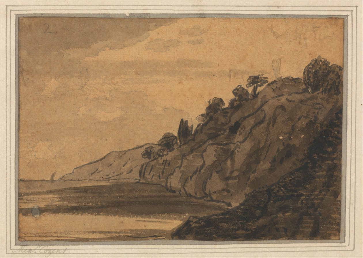 Kystscene med skogkledd klippe av Alexander Cozens