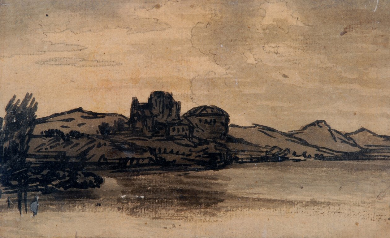 Italiensk landskap med kuppelbygning (blyant og vask på papir) av Alexander Cozens