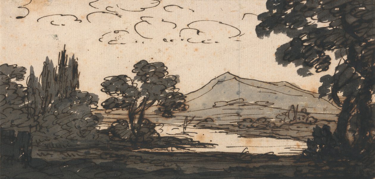 Landskap med fjell og innsjø av Alexander Cozens