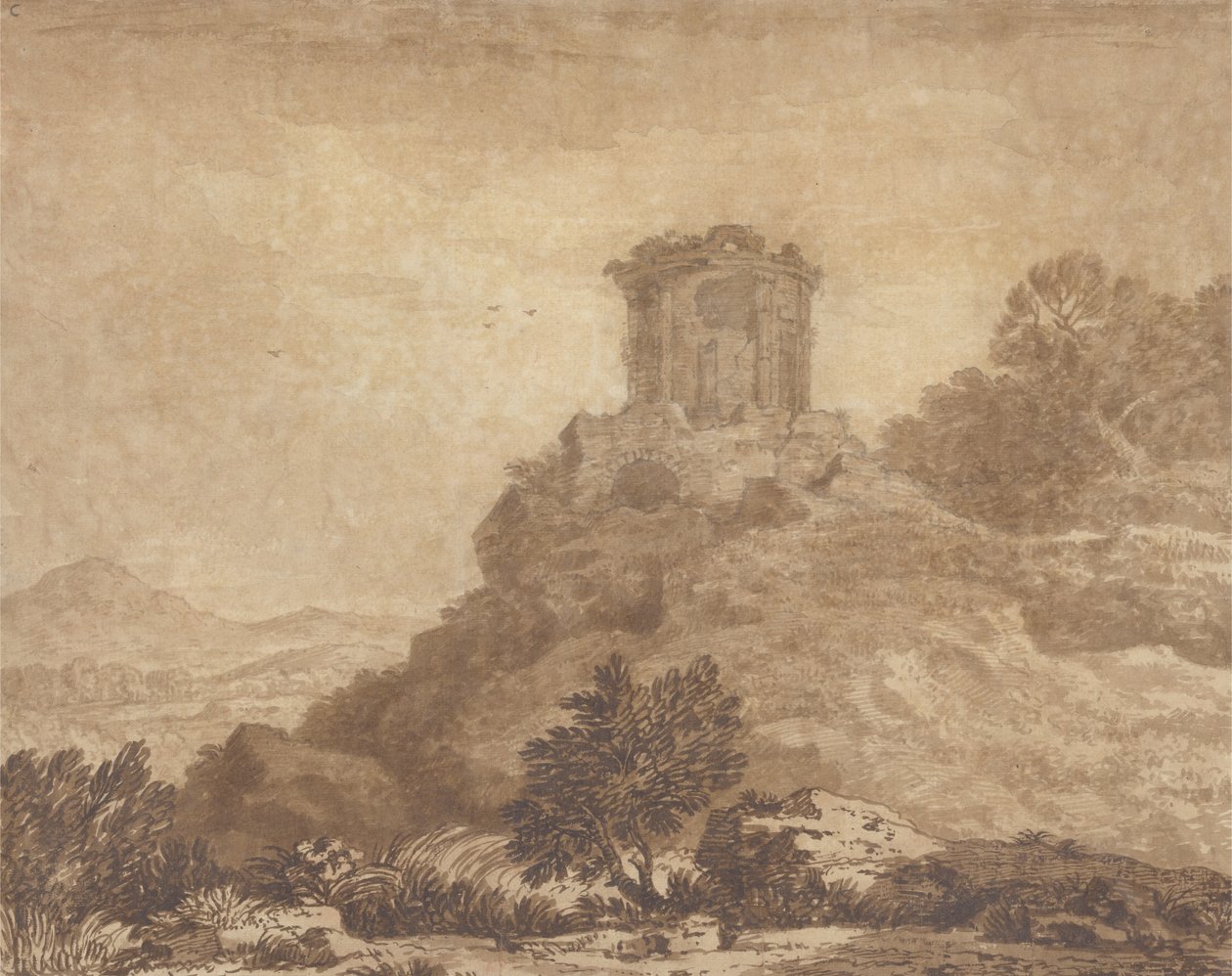Landskap med et ødelagt tempel, ca. 1756 (grafitt og vask på papir) av Alexander Cozens