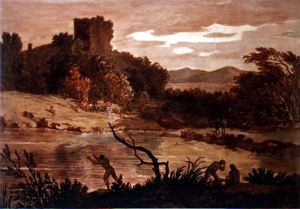 Landskap med menn som bader (akvarell) av Alexander Cozens