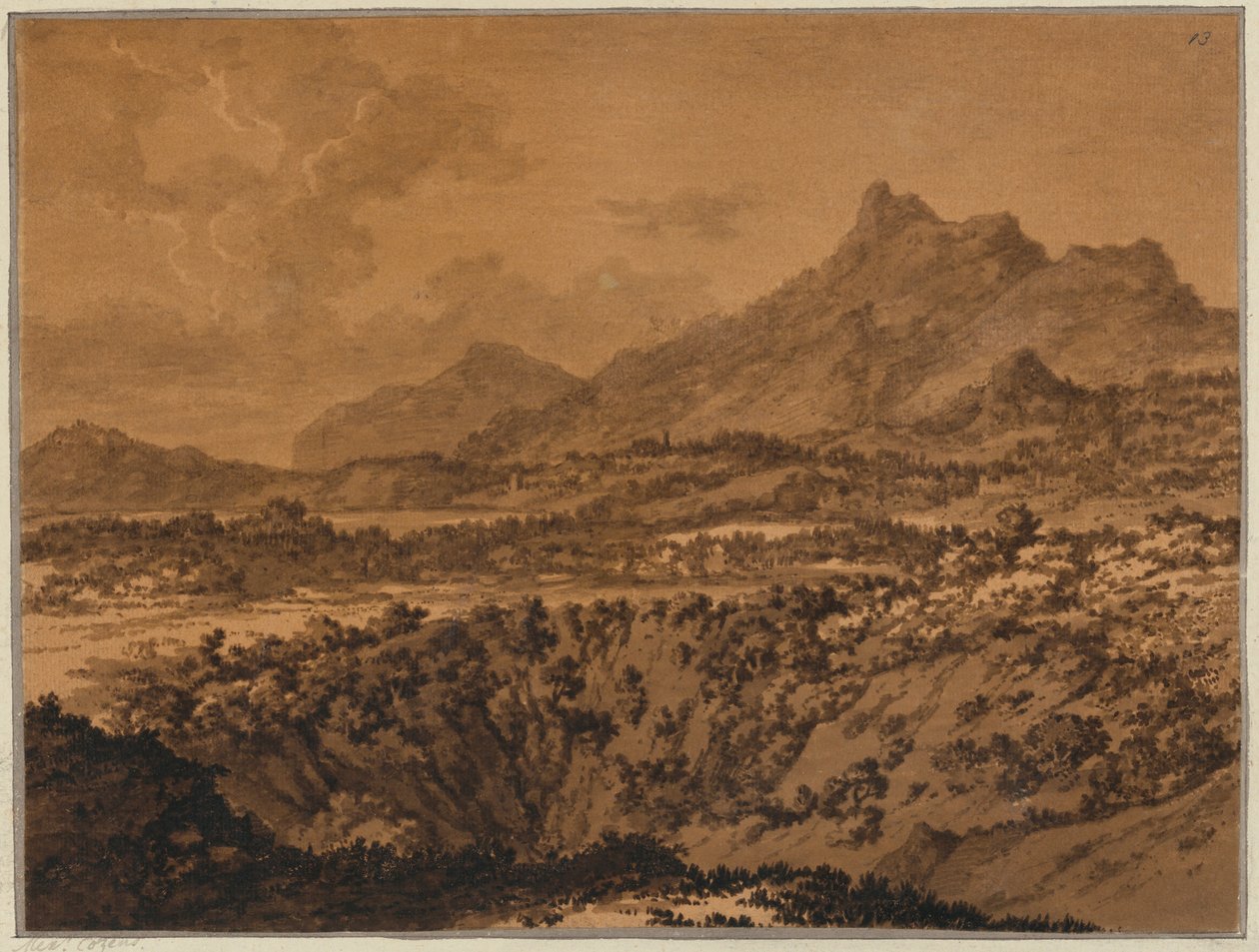 Fjelllandskap med hul av Alexander Cozens