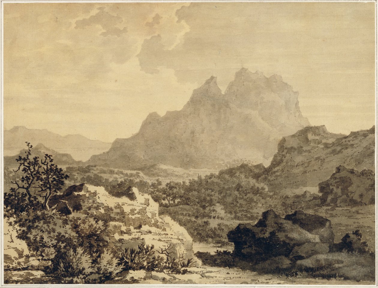 Fjelllandskap, ca. 1780 (grå og brun vask på papir forberedt med brun grunn) av Alexander Cozens