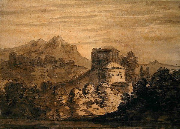 Fjelllandskap med italienske bygninger (blyant, penn og blekk og blekkvask på papir) av Alexander Cozens