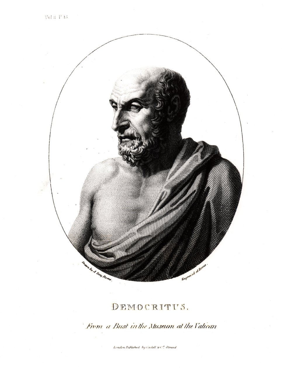 Demokrit (ca. 460-c.370 f.Kr.), gravert fra en byste i Vatikanmuseet av Alexander Day