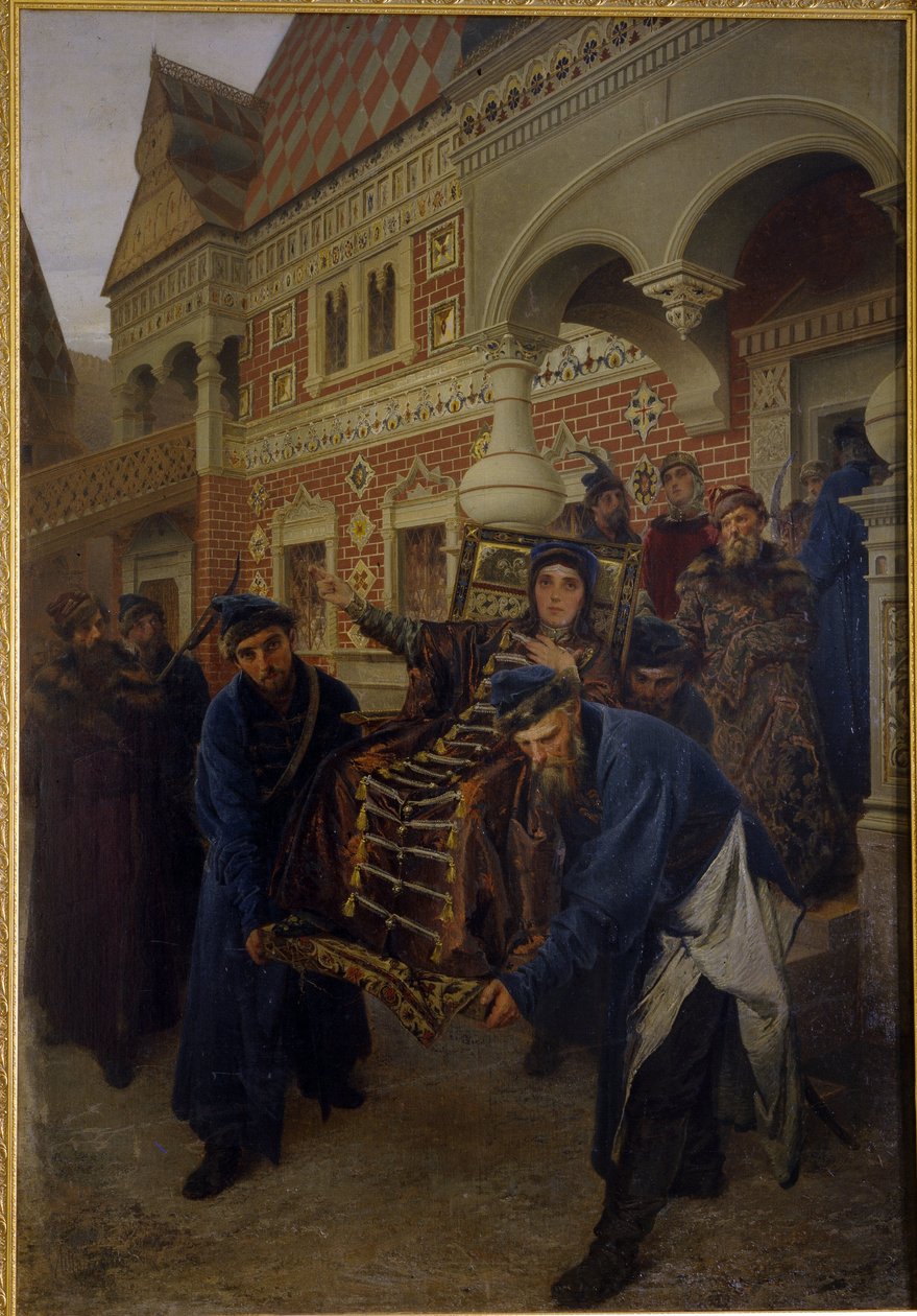 Boyarin Morozova. (Boyarynya Morozova). Feodosia Prokofiyevna Morozova (1632-1675), en ivrig tilhenger av ritualen for de gamle troende, tok klosterløfter under navnet Theodora. Hun blir beskrevet under arrestasjonen av tilhengere av pat av Alexander Dimitrievitch Litovtchenko